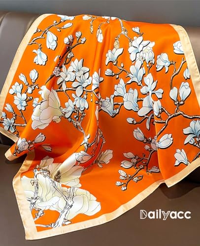 Dailyacc Hair Bandanas Scarf For Women Lightweight Fashion Neck Silk Satin Head Scarves For Sleeping Handbags Scarf - color: 24-orange Wintersweet/27.5*27.5in