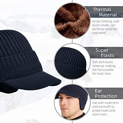 Men's Winter Hat with Brim, Warm Earflaps Hat for Men, Thick Fleece Lined Knit Winter Beanie Outdoor - color: Navy Blue