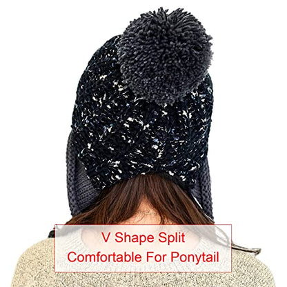 HUAMULAN Women Winter Sherpa Knit Beanie Hat Fleece Lined Ear Flaps - color: Black