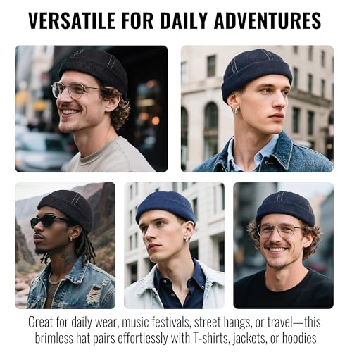 Clakllie Warm Brimless Hat Knitted Skull Cap Docker Hat Soft Beanie Worker Hat Rolled Cuff Sailor Fisherman Leon Hat - color: Cdus-hbmh1-black