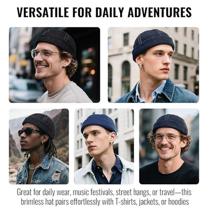 Clakllie Warm Brimless Hat Knitted Skull Cap Docker Hat Soft Beanie Worker Hat Rolled Cuff Sailor Fisherman Leon Hat - color: Cdus-hbmh1-black