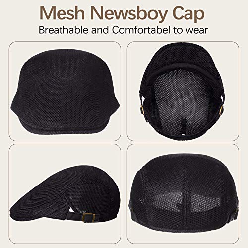Geyoga 3 Pcs Mesh Newsboy Cap, Adjustable Mesh Cap - color: Beige, Light Gray, Black