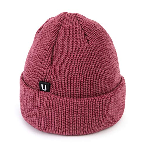 UNDERCONTROL Logo Label Patch Unisex Fall Winter Short Thick Cuffed Rollup Warm Beanie Korea Trawler Fisherman Knit Skull Hat - color: U Strap Pink