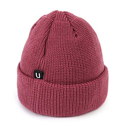 UNDERCONTROL Logo Label Patch Unisex Fall Winter Short Thick Cuffed Rollup Warm Beanie Korea Trawler Fisherman Knit Skull Hat - color: U Strap Pink