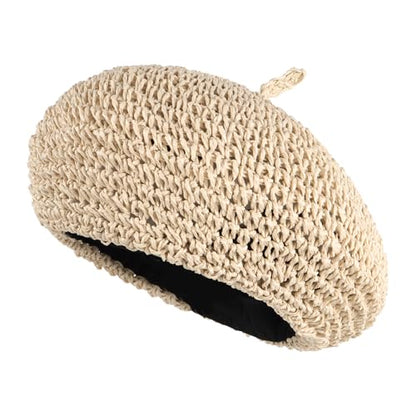 Women Summer Straw Woven Sunhat Classic Beret Artist Painter Sun Hat Cap - color: Beige