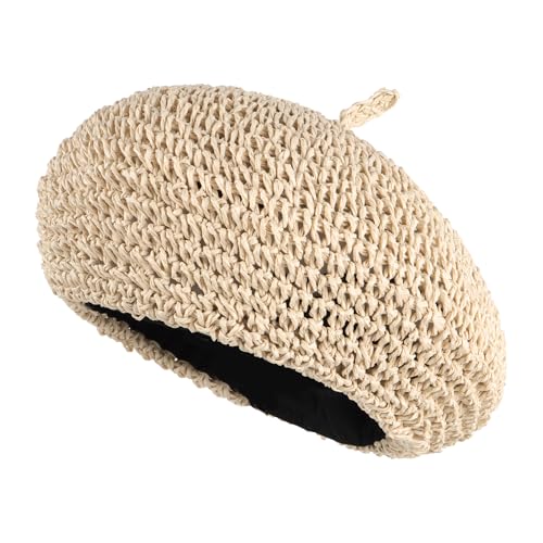 Women Summer Straw Woven Sunhat Classic Beret Artist Painter Sun Hat Cap - color: Beige