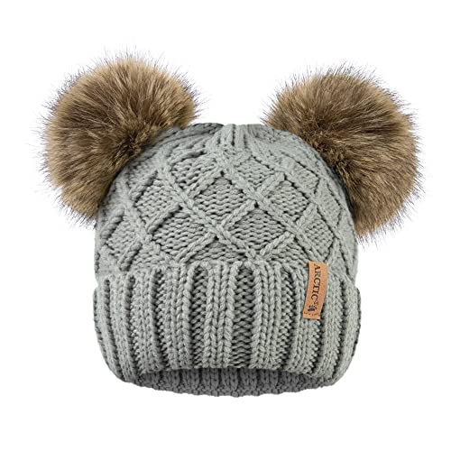 Arctic Paw Womens Winter Hat Cable Knit Beanie for Women Faux Fur Pompom Ears - color: Light Grey Hat Coffee Ball
