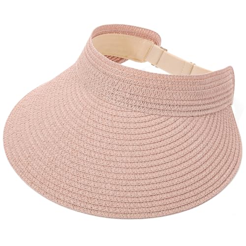 Chicingyou Sun Visor Hat for Women Wide Brim Straw Visors Beach Hat Ponytail UV UPF Packable Foldable Travel - color: Pink
