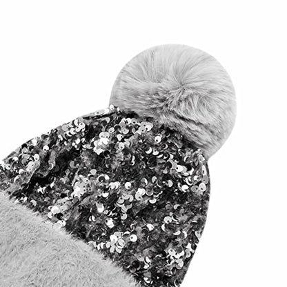 Women Sparkly Sequins Knitted Beanie Hat Warm Winter Skull Cap with Faux Fur Pom Pom - color: Gray