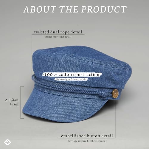 Funky Junque Greek Fisherman Newsboy Cap, Cotton Captains Bakerboy Hat - color: Denim