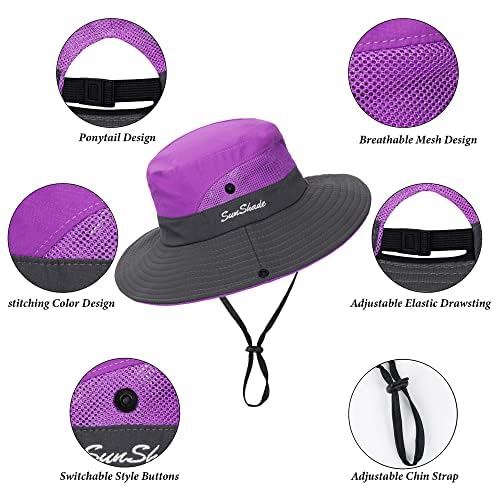 Women's Outdoor-UV-Protection-Foldable-Sun-Hats-Wide-Brim Hat Ponytail-Hole - color: Purple