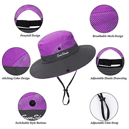 Women's Outdoor-UV-Protection-Foldable-Sun-Hats-Wide-Brim Hat Ponytail-Hole - color: Purple