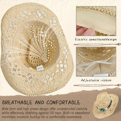 Straw Cowboy Hat for Women, Cowgirl Hat Wide Brim Western Cowboy Hat - color: Style5