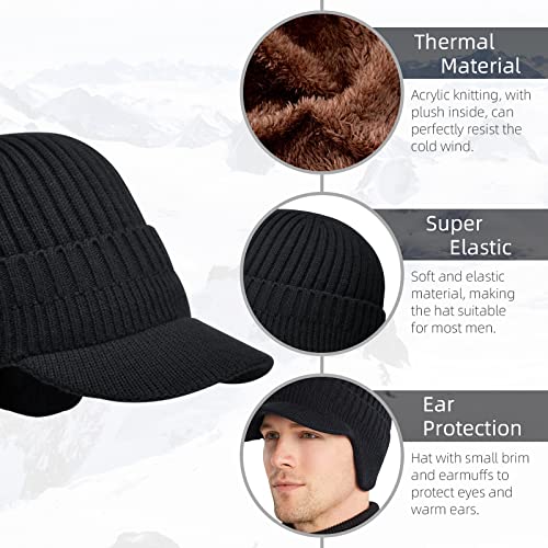 Men's Winter Hat with Brim, Warm Earflaps Hat for Men, Thick Fleece Lined Knit Winter Beanie Outdoor - color: Black