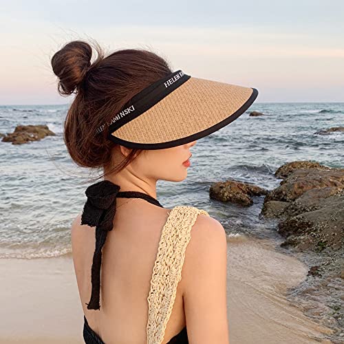 Women Straw Sun Visor Hat, Summer Wide Brim UV Protection Beach Cap Adjustable Sun Hat for Outdoor - color: Khaki