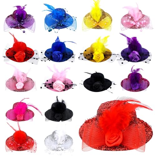 18 Pieces 4 Inches Mini Hat Hair Clip Mini Top Hat Fascinator Decorative for Girls Women Feather Lace Clip Tea Party Hair Accessories