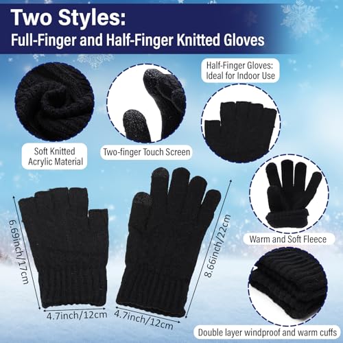 8 Pcs Winter Warm Set for Men Black Knitted Beanie Earflap Cap Touchscreen Half Finger Glove Scarf Socks