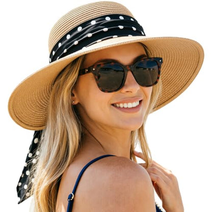 DRESHOW Sun Hats for Women Travel Fedora Foldable Beach Sun Hat Summer Wide Brim Straw Bucket Hat with Bowknot UPF 50+ - color: 1 Pack Bowknot Straw Hat: Khaki With Black Polka Dot Band
