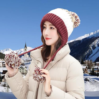HUAMULAN Women Winter Sherpa Knit Beanie Hat Fleece Lined Ear Flaps - color: M8375-jiuhong