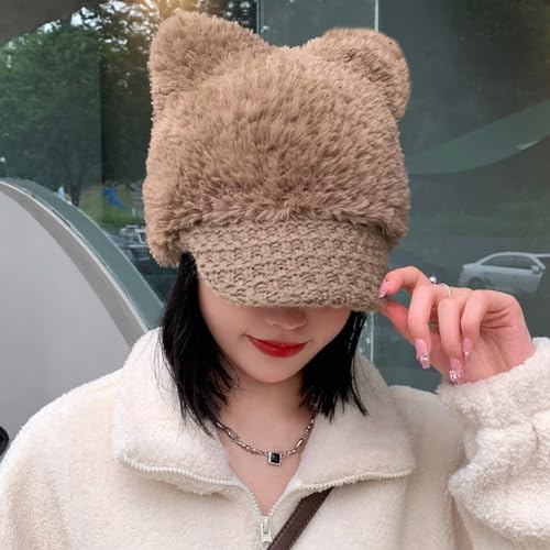 Cat Ears Fleece Lined Brimmed Beanie Hats Winter Golf Cap Brim Bill Visor Women - color: Dark-khaki