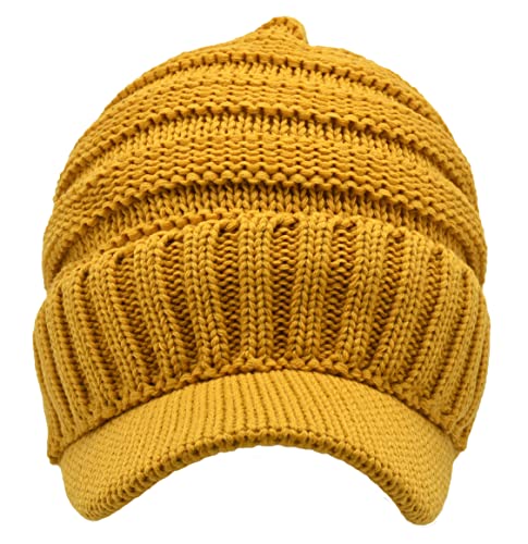 C.C Trendy Warm Oversized Chunky Soft Oversized Ribbed Slouchy Knit Hat with Visor Brim - color: Mustard