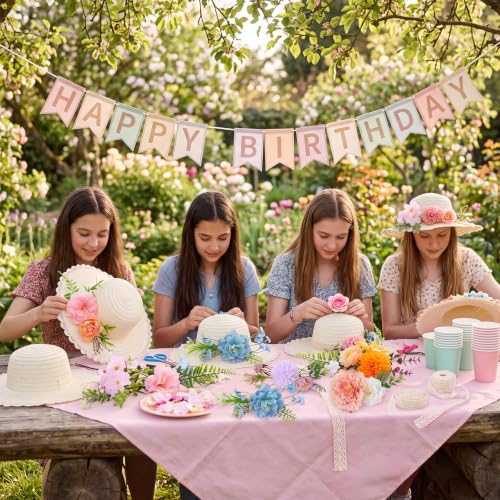 8 Sets DIY Straw Hat Kit for Women, Tea Party Hats with White Lace Edge