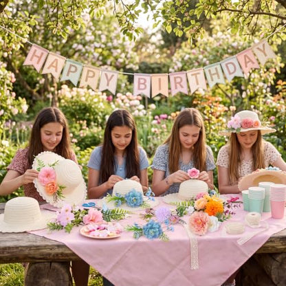 8 Sets DIY Straw Hat Kit for Women, Tea Party Hats with White Lace Edge