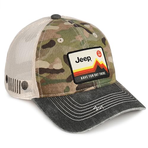 Jeep Have Fun Out There Patch Garment Washed Trucker Hat Unstructured for Men & Women - Adjustable Snapback Baseball Cap - color: Camo