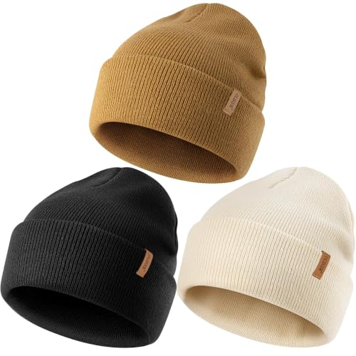 Beanie for Men Women, Winter Double Layer Warm Hat Skull Cap - color: Beige+brown+black