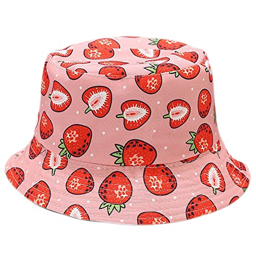 Unisex Print Bucket Hat Sun Hat for Women Men,Reversible Cotton Summer Beach Hat Fisherman Hat - color: Strawberry