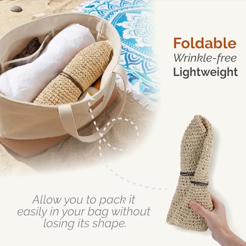 Hat Hut Floppy Beach Hat Crochet Straw Sun Hats for Women Wide Brim Handmade Summer Travel Hat Foldable Packable (US, Alpha, One Size, Beige)