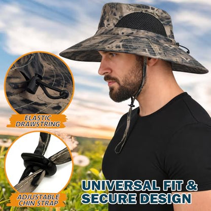 Wide Brim Sun Bucket Hat, Waterproof Boonie Hat for Men & Women - color: 05 Khaki (Camo)