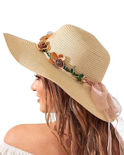 Beach Hat for Women, Wide Brim Sun Straw Hats for Women, Sun Hat Womens UPF 50+ UV Protection, Floppy Foldable Summer Hats - color: Beige Flowers Hat