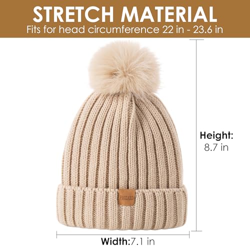 Womens Winter Beanie Hat Fleece Lined Warm Skull Cap with Faux Fur Pom Cuff Knitted Hat for Women - color: White