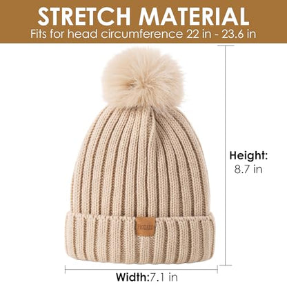 Womens Winter Beanie Hat Fleece Lined Warm Skull Cap with Faux Fur Pom Cuff Knitted Hat for Women - color: White