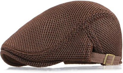 Xinveen Men's Mesh Cap Breathable Summer Newsboy Hat Adjustable Beret Ivy Cap Irish Cabbie Driving Hunting Hats - color: Coffee