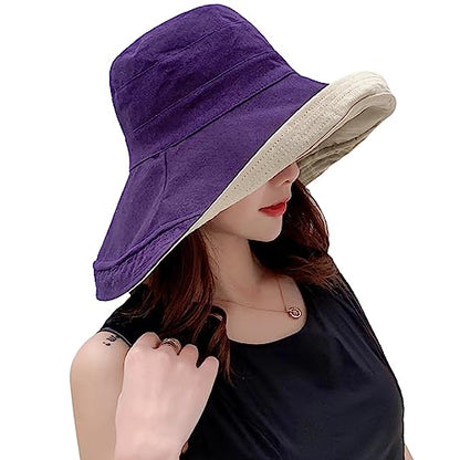 Women Wide Brim Sun Hats Metal Wired Edge Summer UV Protection Beach Fishing Hat for Hiking Garden Travel Chin Strap - color: Lant001-purple, size: One Size