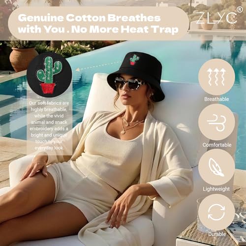 ZLYC Cotton Bucket Hat for Women Men Embroidered Packable Summer Sun Cap - color: Cactus Black