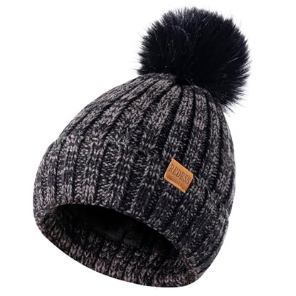 REDESS Womens Winter Knitted Beanie Hat Warm Fleece Lined with Pompom Cap Thick Slouchy Snow Knit Skull Ski Cap - color: Black&grey