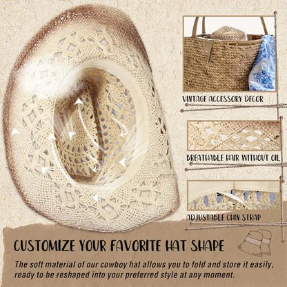 Straw Cowboy Hat Western Cowgirl Hat with Four Decorative Bands, Hat Size Fits 21 7/8 to 23, Wide Brim