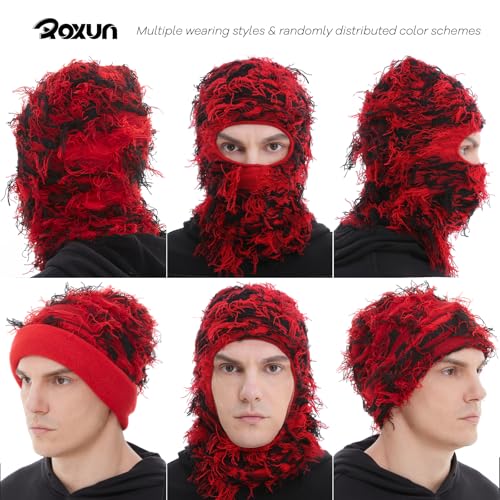 ROXUN Distressed Ski Mask Balaclava, Yeat Shiesty Fluffy Knitted Full Face - color: 01- Red Mixed