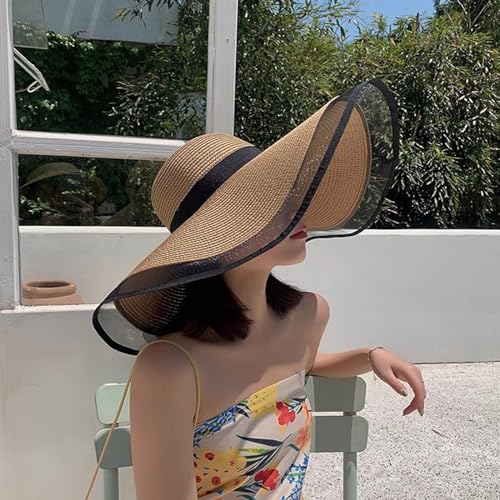 Womens Mens Wide Brim Straw Panama Hat Beach Sun Hat Summer Wide Brim Straw Roll up Hat Fisherman's UPF 50 - color: +Khaki