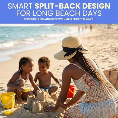 Funky Junque Wide Brim Panama Sun Hat, Womens Packable Straw - color: Split Back Bow - Natural