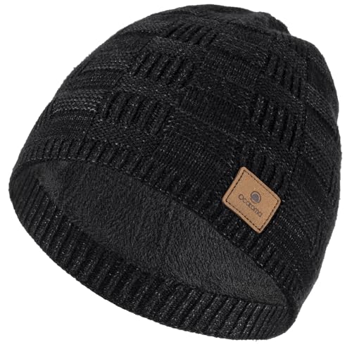 Ocatoma Winter Beanie Warm Knit Hat for Men Fleece Lined Cuffless Cap - color: Black