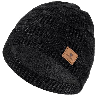 Ocatoma Winter Beanie Warm Knit Hat for Men Fleece Lined Cuffless Cap - color: Black