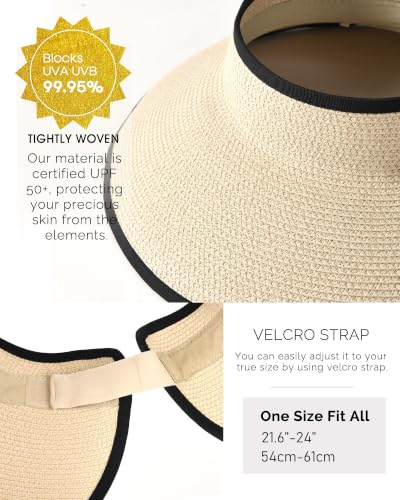 FURTALK Womens Sun Hat with Ponytail Hole Wide Brim Beach Straw Visor - color: Beige With Black