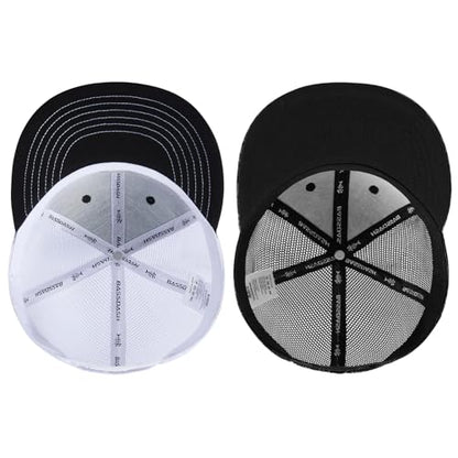 BASSDASH 2 Pack Flat Brim Trucker Cap Adjustable Snapback Hat Mesh Back for Men Women Fishing Hunting - color: Pack of 2, Black and White & Black Geometry