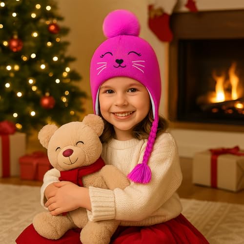 Toddler Girls Cat Ear Winter Hat Warm Knit Beanie Kids Earflap Cap for Cold Weather - color: Z - Pompom Style Hot Pink