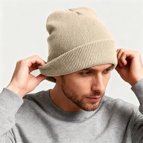 ZOORON Beanie for Men Women Warm Winter Hat Unisex Soft Knit Cuffed Beanie - color: Beige