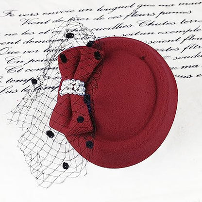 Fascinators Hats Pillbox Hat for Girl and Women - color: Wine Red-fascinator With Bowknot Veil